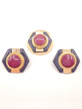 Chunky Statement Brooch Earrings Set Gold Red Blue Retro Anthro Style